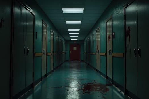 Dark hospital corridor with signs of chaos and distress photo