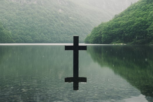Reflection of a cross in calm water surrounded by mountains during early morning mist photo