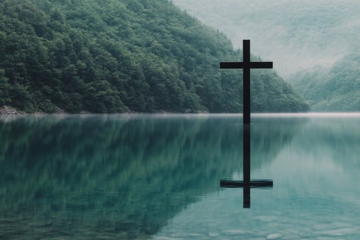 Reflection of a cross in calm water surrounded by mountains during early morning mist photo