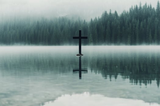 Reflection of a cross in calm water surrounded by mountains during early morning mist photo