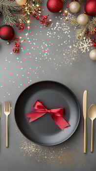 Holiday table setting with festive decorations and elegant dinnerware arranged for a celebration photo