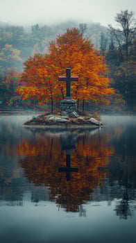 Mysterious cross surrounded by fog and autumn trees by a quiet lake at dawn photo