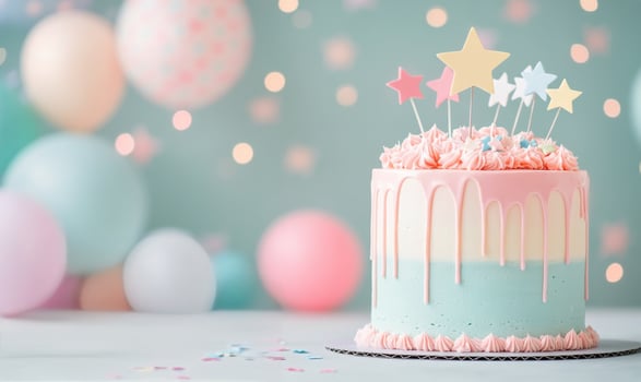 Elegant pastel birthday cake with decorations showcasing festive celebration details photo