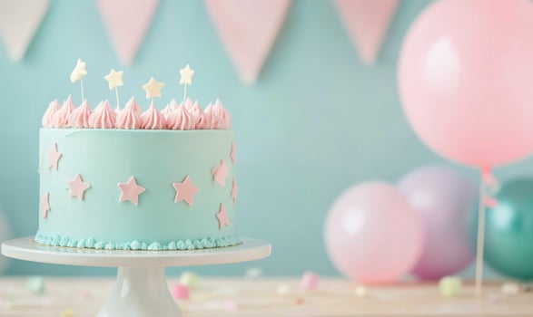 Elegant pastel birthday cake with decorations showcasing festive celebration details photo