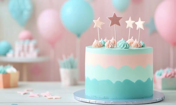 Elegant pastel birthday cake with decorations showcasing festive celebration details photo