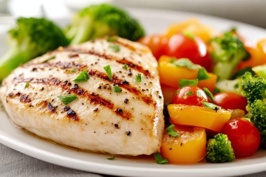 Grilled chicken breast served with colorful vegetables and fresh broccoli on a plate photo