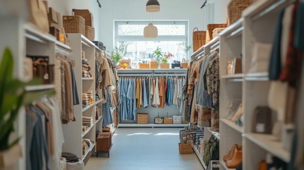 Colorful clothing displayed in a bright boutique with cozy decor and natural lighting photo