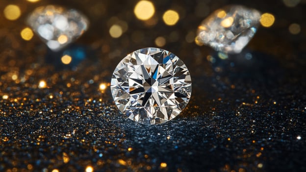 Sparkling diamond engagement ring on black surface with shiny background photo
