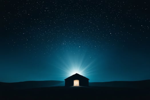 Stars illuminate a quiet hut under a vast night sky in a tranquil landscape photo