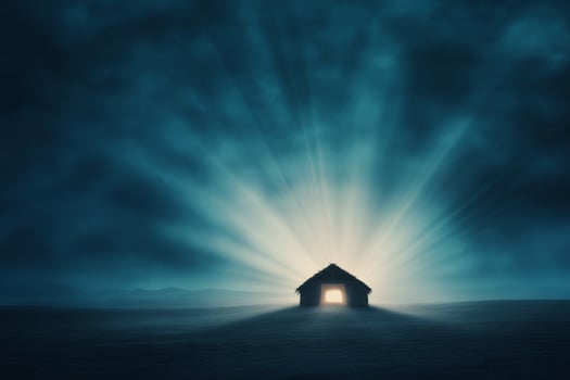 Stars illuminate a quiet hut under a vast night sky in a tranquil landscape photo
