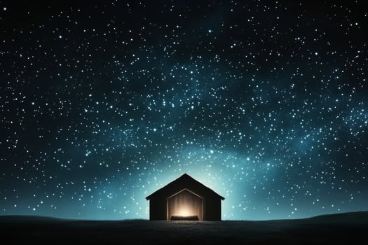 Stars illuminate a quiet hut under a vast night sky in a tranquil landscape photo