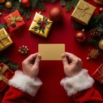 Holiday spirit shines with gifts and a blank card held by festive hands in a cozy setting photo