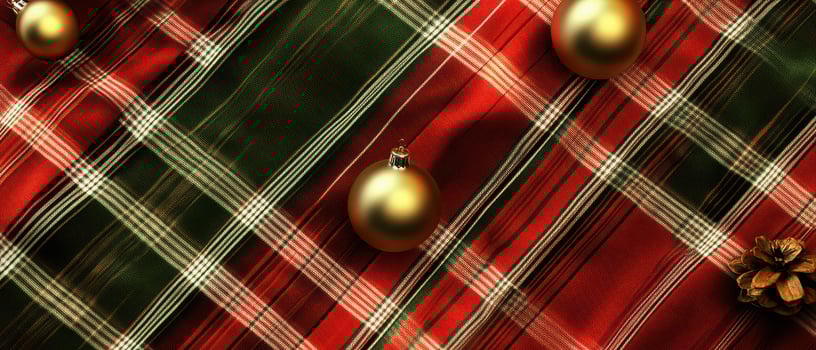 A red and green plaid background with gold ornaments photo