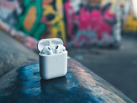 Graffiti-Covered Bench with EarPods photo