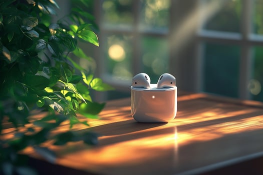 Earpods resting on a wooden table photo