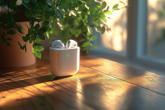 Air Pods on a Wooden Table with Sunlight photo