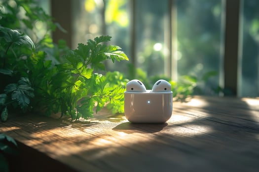 Air Pods Resting in Sunlight on Wood photo