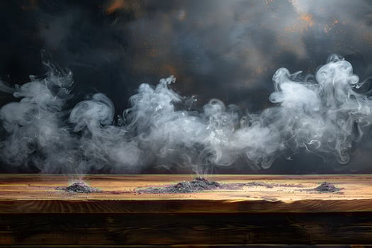 Mystical Smoke and Ash on Wooden Table for Atmospheric Design and Inspiration photo