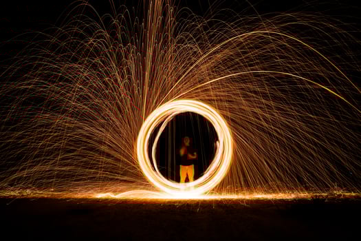 Spinning and burning Steel wool sparkle fire in the circle shape with long speed shutter shoot glowing light line to the ground. photo