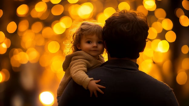 Father carrying child on bokeh isolated background. photo