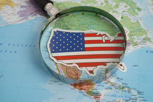 Bangkok, Thailand December 10, 2023 USA america map in world map paper. photo