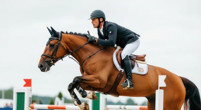 Competitive show jumping equestrian athlete and horse in action at outdoor event photo