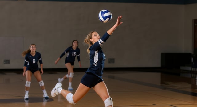 Action-packed women's volleyball game in indoor gym setting, capturing athleticism and team dynamics photo