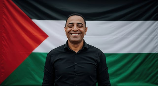 Joyful portrait of a man celebrating palestinian heritage and cultural pride photo