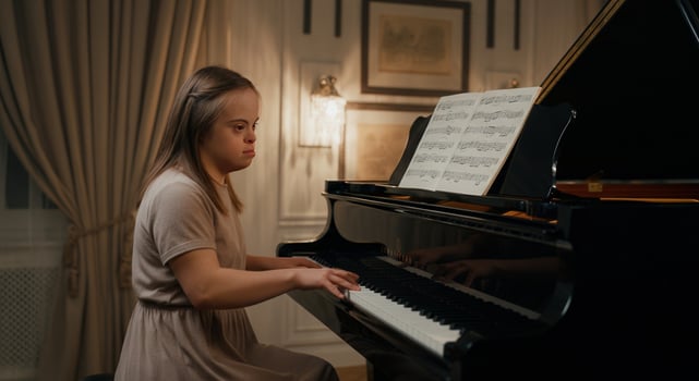Young woman with down syndrome playing piano in cozy living room setting photo