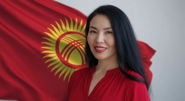 Confident woman in front of kyrgyzstan flag - cultural pride and diversity photo