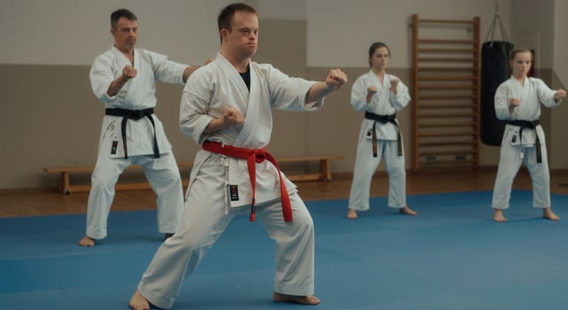Inclusive martial arts class. karate training for all abilities, featuring diverse practitioners photo