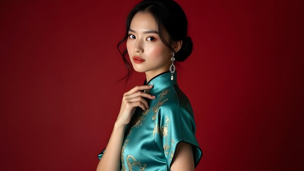 Portrait of a woman in a teal dress with earrings, posing against a bold red background for elegance Generated by AI photo
