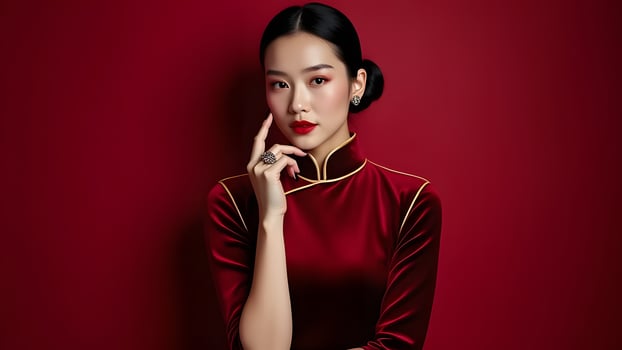 Elegant woman in a maroon velvet dress, posing gracefully against a rich red background, exuding sophistication Generated by AI photo
