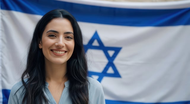 Portrait of a smiling woman with israeli flag background celebrating cultural diversity photo