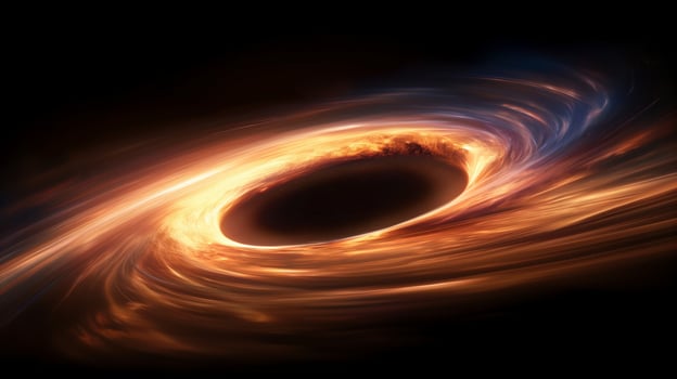 Light vortex around mysterious dark void image. Supermassive black hole in outer space photography scene wallpaper. Cosmos formation discovery concept photorealistic photo