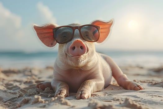 Stylish Pig Relaxing on Sunny Beach with Sunglasses - Summer Fun Concept photo