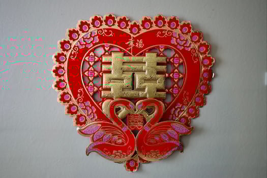 Chinese Character sometimes translated as Double Happy, is a Chinese traditional ornament design, commonly used as a decoration symbol of marriage. photo