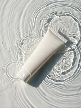 White cosmetic tube in water, ripples, skincare product, minimalist aesthetic. photo