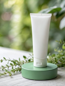 White Cosmetic Tube on Green Stand with Greenery photo