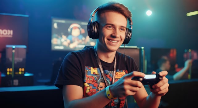 Young man immersed in a game tournament with headphones and controller photo