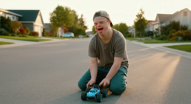 Joyful playtime on suburban street, boy with disability enjoys toy car adventure photo