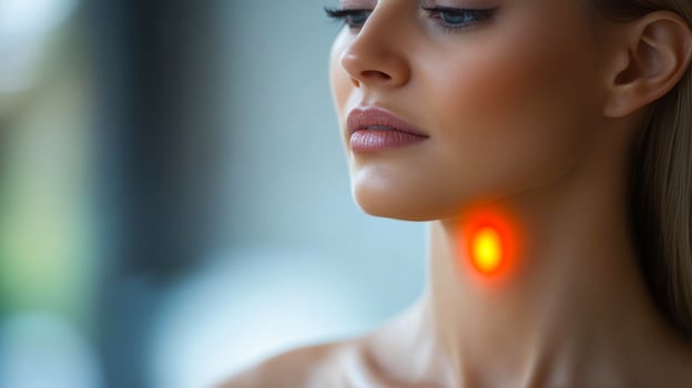 A woman with a red mark on her neck. The neck is red and the woman is looking at the camera photo
