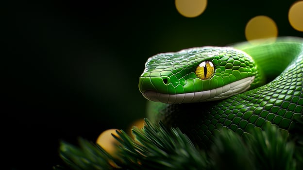 A green snake is laying on a leafy green bush. The snake is looking at the camera photo