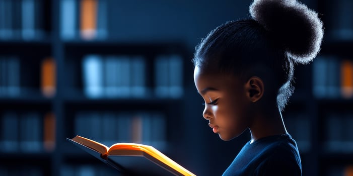 A young girl is reading a book in a library. The book is open to a page with a picture of a girl reading. The girl is looking at the book with a serious expression photo