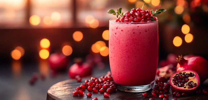 A glass of red drink with a garnish of pomegranate seeds on a table. The drink is garnished with pomegranate seeds, which adds a pop of color and a touch of freshness to the drink photo