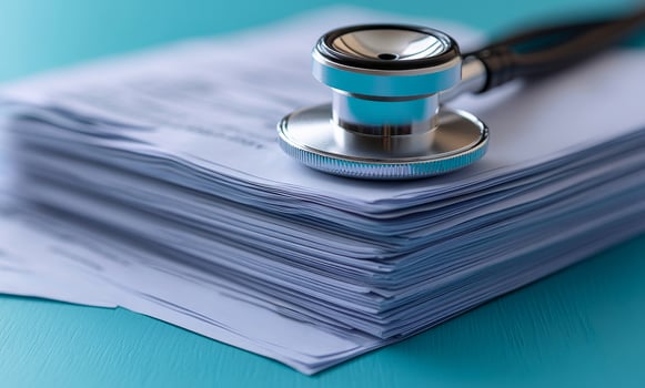 A stethoscope is on top of a stack of papers. The stethoscope is silver and black. The papers are white and stacked on top of each other photo