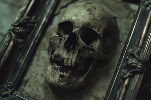 A skull is displayed in a frame, with a dark and eerie mood photo