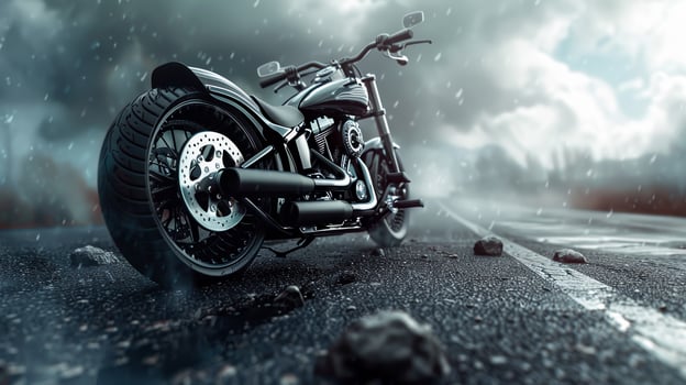 A motorcycle is parked on a road with a storm in the background photo
