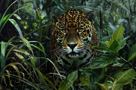 A jaguar is standing in a jungle with green leaves and grass photo