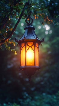 A vintage lantern illuminates a serene forest ambiance during twilight, casting warm light amidst lush greenery. photo